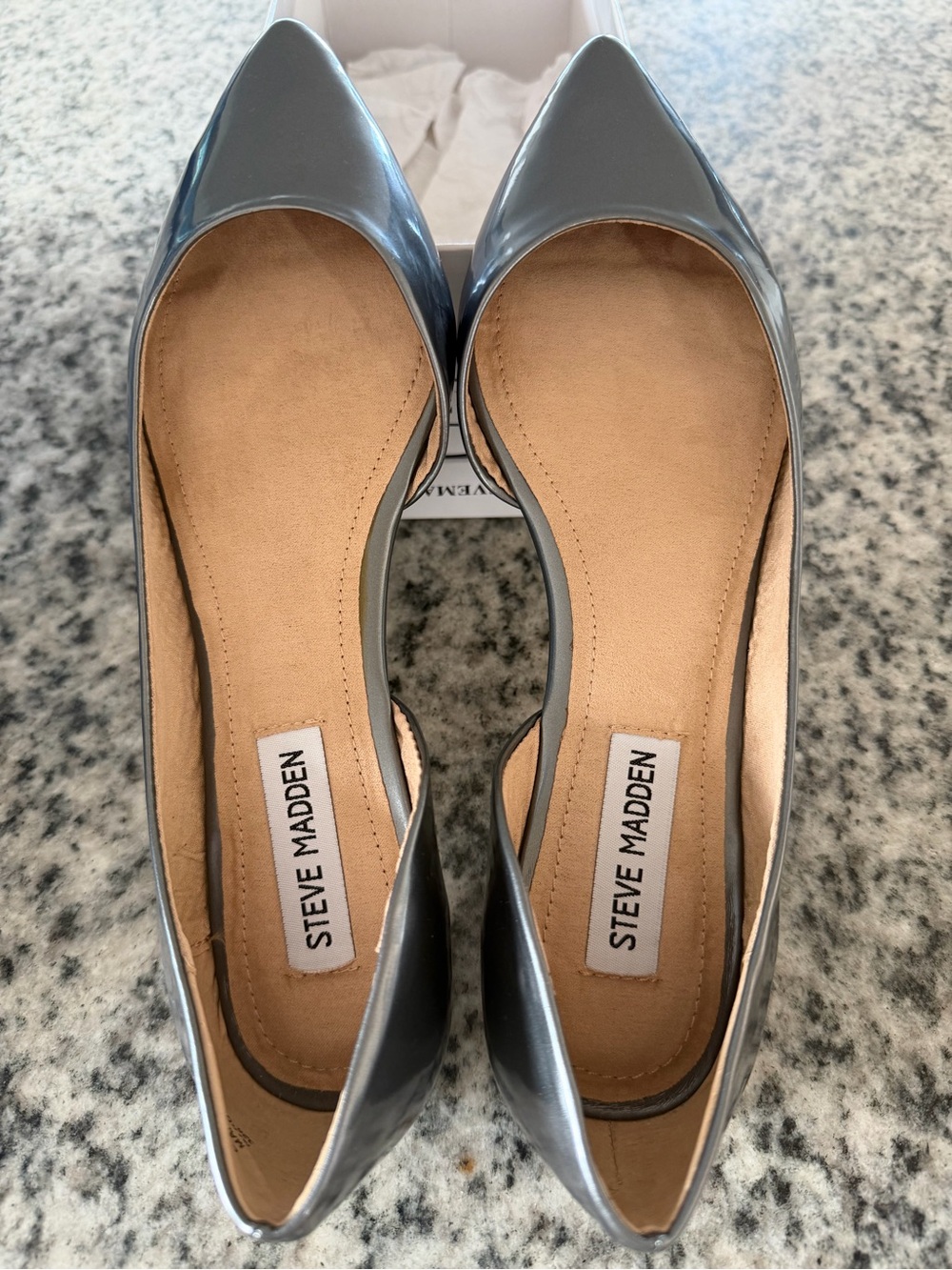Steve Madden Metallic Gray Patent Leather Pointed Flats.